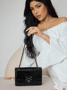 CUCCOO SZL Una mini bolsa de hombro de moda retro para mujer, bolso cruzado ligero de cadena de metal PU, bolso cuadrado casual con cierre, bolso de caimán, bolso de compras para chicas jóvenes, adecuado para el transporte diario de mujeres - Negro - View 4