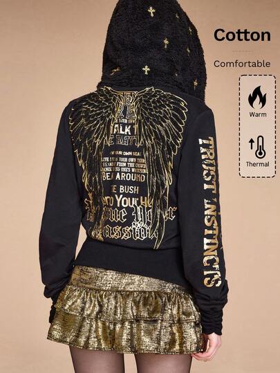 Grunge Punk Y2K Gyaru Fashionable Harajuku Subculture Angel Wing Embroidery Fitted Zip-Up Hoodie For Women