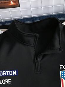 Manfinity Joysei 都市风男士黑色涤纶卫衣，饰有波士顿标志和半拉链长袖常规长度字母图案印花拉链卫衣 - 黑色 - 查看 6