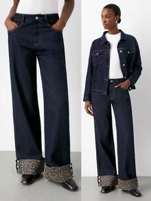 Maija 秋季女士时尚豹纹拼接卷边阔腿牛仔裤 - 深色水洗藍 - 查看 1