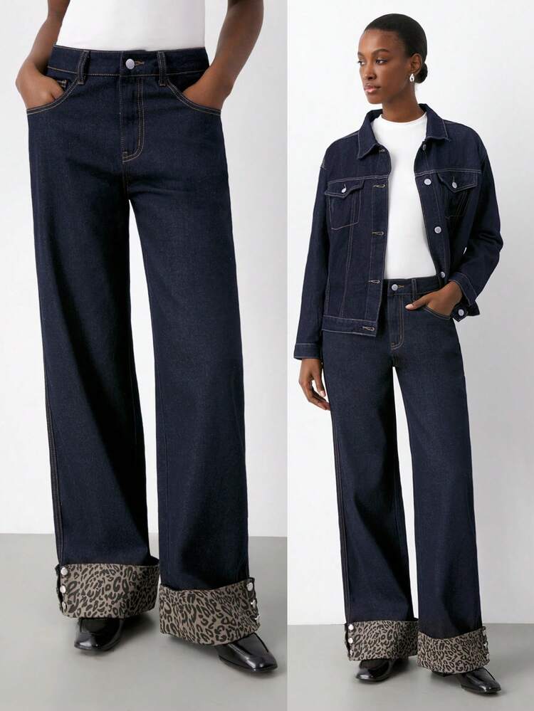 SHEIN Maija Women's Retro Leopard Print Jeans, Casual Straight Leg Style, Fabric Patchwork, Autumn And Winter Outfits.