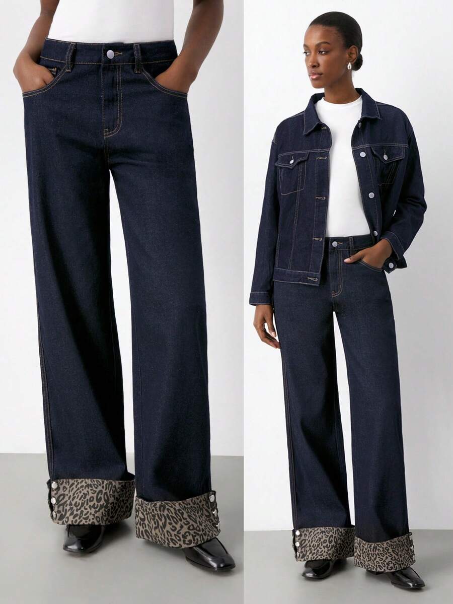 Maija 秋季女士时尚豹纹拼接卷边阔腿牛仔裤 - 深色水洗藍 - 查看 1