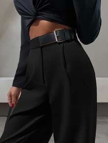 EURMUSE Elegant Style, Half Faux Leather Belt Detailed Straight Fit Pant - Black - View 1