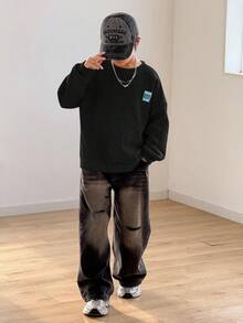 SHEIN 兒童青少年男孩黑色秋季街頭風返校風格紋理抓絨圓領套頭衛衣，休閒校園日常穿著，運動 - 黑色 - 查看 3