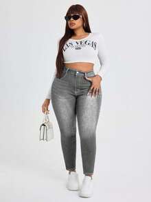 EURMUSE Quần jean denim trơn màu cỡ lớn thường ngày - Màu Xám nhạt - Xem 3