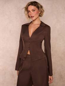 SHEIN Glamour Bộ vest nữ thanh lịch cổ điển màu nâu ôm sát cài nút phía trước, quần ống rộng màu nâu, bộ vest công sở thường ngày cho nữ, trang phục công sở, trang phục dạo phố, bộ vest thu/đông - Cà phê nâu - Xem 6