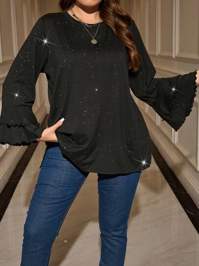 EMERY ROSE 大码女式纯色圆领喇叭袖亮片宽松T恤，黑色圣诞新年时尚女式上衣，亮片喇叭袖上衣
