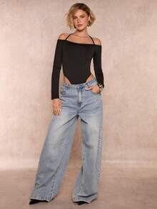 SHEIN Glamour 女士黑色露肩系带长袖优雅休闲连体衣，秋冬季