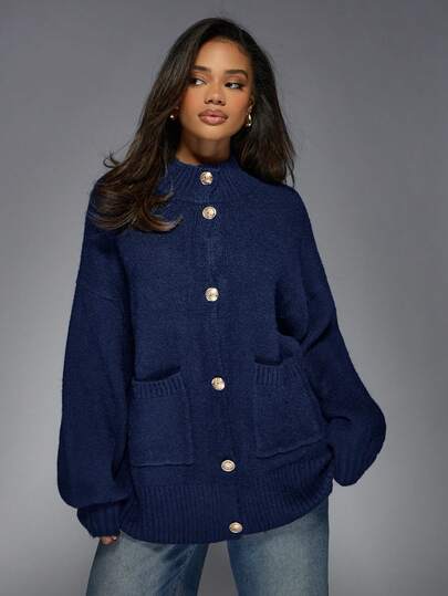 MISSGUIDED Knitted Button Up Cardigan With Gold Hardware Mock Neck Long Sleeve Oversized Cozy Fall Winter Sweater