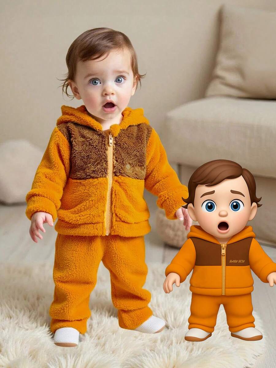 SHEIN Baby Boy Winter Clothing Yellow Zip-Up Hoodie Set Soft Fleece Fabric Cute And Playful Embroidery 3D Ear Tab Baby Clothes Sets - Yellow - View 1