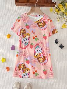 SHEIN | PAW Patrol 少女夏季可爱卡通狗印花短袖连衣裙 - 白色 - 查看 1