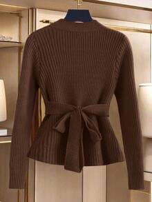 GlowEve New Fashionable Mixed Color Chic Versatile Knitted Sweater Top - Brown - View 2