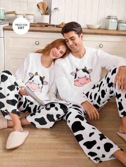 CoupledUp Conjunto de pijama para hombre con cuello redondo cómodo, estampado de vaca y dibujos animados