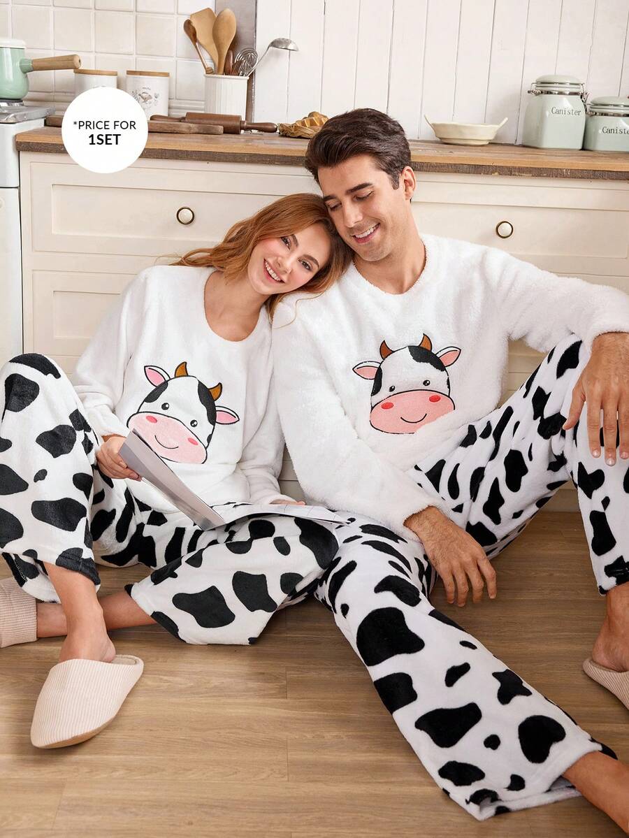 CoupledUp 男士1套可爱休闲刺绣奶牛卡通图案舒适圆领家居服套装,蓬松冬季服装 - 彩色 - 查看 1