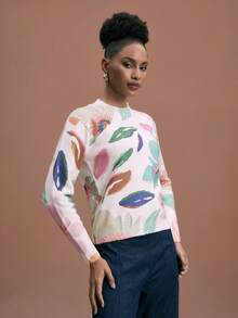 Shutterstock Glamance Maglione a maniche lunghe con grafica floreale in maglia, colore tinta unita casual, adatto per esterno, ufficio, business, pendolarismo, viaggio, aeroporto, strada, lavoro, maglione autunno/inverno da donna, maglione da donna con stampa floreale, maglione primaverile a maniche lunghe da donna, maglione con stampa floreale, outfit floreali da donna, outfit da resort per donna - Albicocca - Visualizzare 4