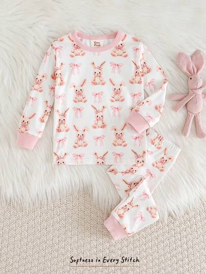  Baby Girl Rabbit & Bow Knit Soft Crew Neck Long Sleeve Top And Elastic Waist Leggings 2-Piece Pajama Set, Suitable For Home, Holidays, Easter, Layering, Multi-Occasion Cozy Pixies Baby Girl Set Baby Girl Pj Set Baby Girl Long Sleeve Set Toddler Pj Set Cute Snug Fit Pj Set