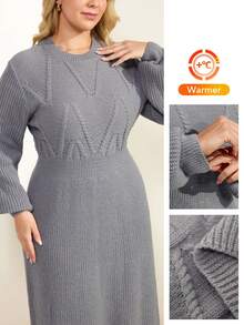 Momelise 全新女式法式圆领束腰优雅麻花针织长袖连衣裙 - 灰色 - 查看 1