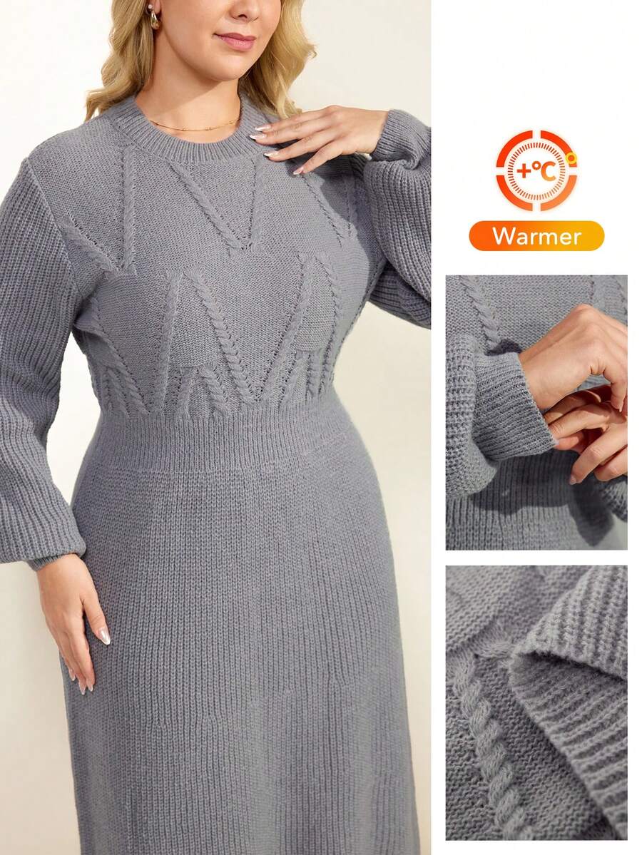 Momelise 全新女式法式圆领束腰优雅麻花针织长袖连衣裙 - 灰色 - 查看 1