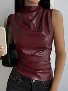 Livesso Women's Autumn/Winter Pleated Waist Sleeveless PU Top Y2k