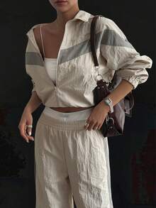 DAZY 女士休闲高领拼接宽松上衣和阔腿裤运动套装，秋冬款 - 灰色 - 查看 1