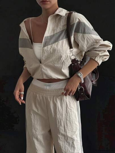 DAZY Women's Casual Turtleneck Patchwork Loose Top And Wide Leg Pants Tracksuit Set, Autumn/Winter