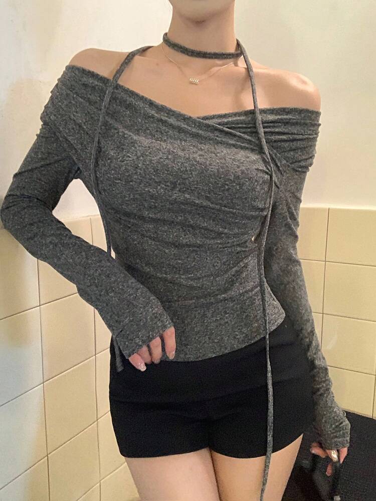 Women's Cross Off-Shoulder Korean Style Tie-Up Long Sleeve T-Shirt, Spring/Autumn Cute Tops Going Out Tops Women