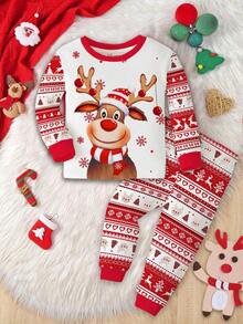 SHEIN 女婴圣诞节可爱卡通驯鹿、雪花、圣诞几何花卉费尔岛图案红色节日休闲简约舒适厚紧身裤和长袖上衣睡衣套装，适合秋冬季 - 彩色 - 查看 3