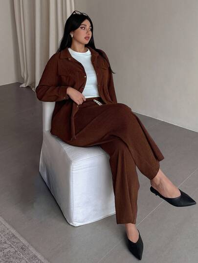 SHEIN LUNE Ensemble chemise en velours côtelé vintage et pantalon large pour femmes grandes tailles