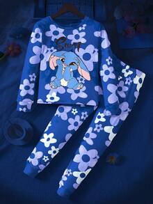 SHEIN Tween Girl Casual Comfortable Cartoon Graphic Crew Neck Pullover T-Shirt And Pants Loungewear Set - Multicolor - View 6