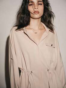 Lumivelle Women's Casual Urban Commuter Long Sleeve Shirt With Front Pocket, Adjustable Cinched Waist, Button Closure - Apricot - View 5