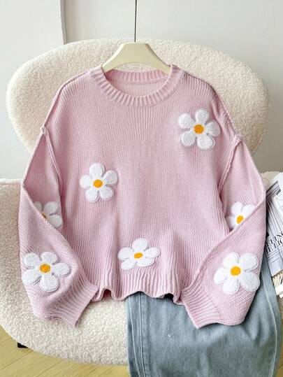 SHEIN Tween Girl Casual Chic Versatile Cute Floral Embellished Loose Comfortable Crew Neck Pullover Sweater, Suitable For Weekend, Casual Outing, Back To School, Girl Sweater, Sweater For Tweens, Daisy Sweater, Flower Sweater Fall Winter,Suitable For Winter, Casual, Preppy, Cute & Casual & Vintage, Great For Autumn/Winter Casual, Daily Wear, School