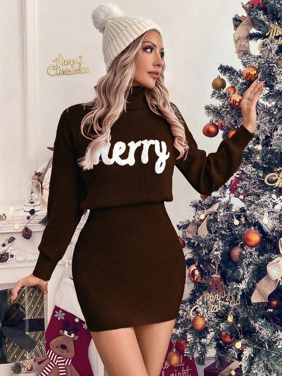 LanaWest Women's Casual Christmas Letter Print Turtleneck Red Embroidered Dress, Fall/Winter For New Year Clothes - Brown - View 1