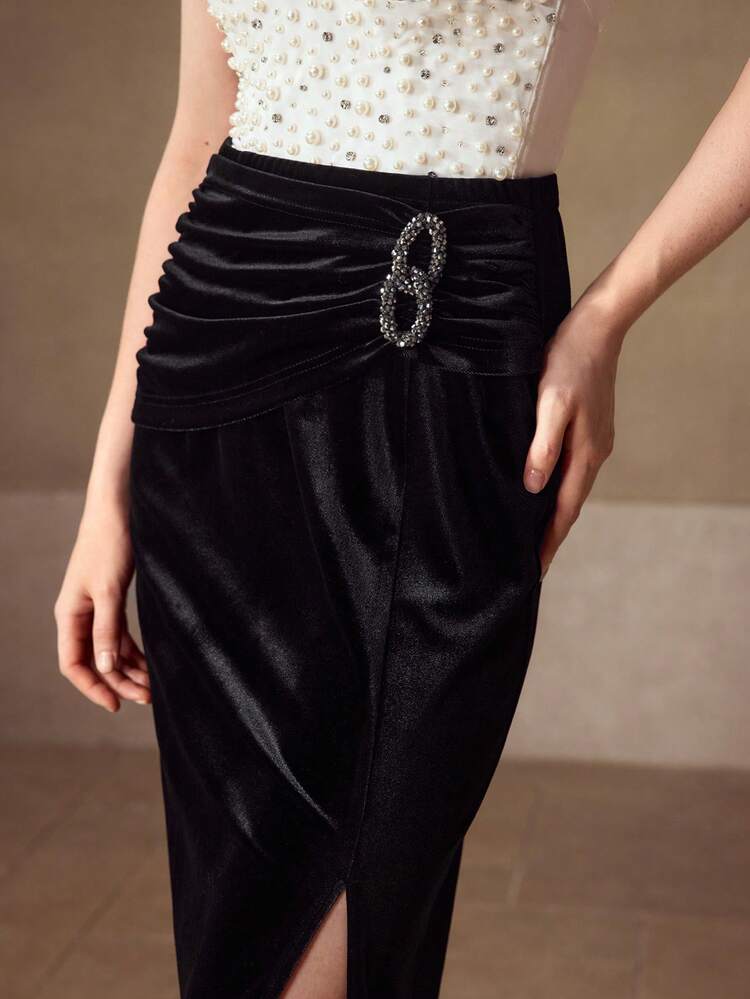 BLACK VELVET RUCHED RHINESTONE DECOR SKIRT, MINIMALIST & ELEGANT