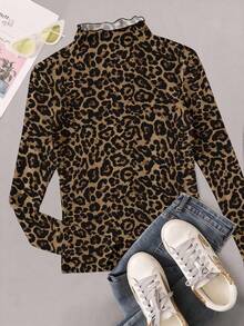 SHEIN EZwear 大码女式休闲豹纹印花卷边袖口和领口长袖T恤，秋冬 - 彩色 - 查看 1