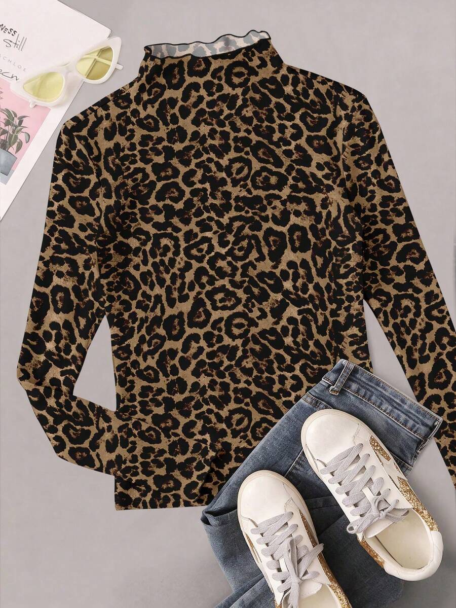 SHEIN EZwear 大码女式休闲豹纹印花卷边袖口和领口长袖T恤，秋冬 - 彩色 - 查看 1