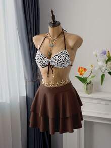 Bellisia 女士夏季度假休闲沙滩印花面料挂脖系带比基尼套装 - 黑與白 - 查看 4