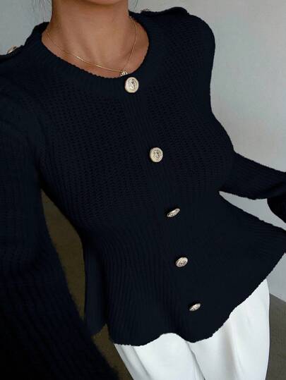 Elenzga White Long Sleeve Faux Placket Knit Sweater, Casual Commuter & Home Wear, Autumn/Winter