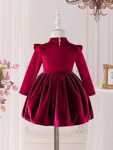 Glamorique Kids 女婴秋冬宫廷风紫色撞色蕾丝高领灯笼袖A字连衣裙，适合派对和节日庆典 - 中紫紅色 - 查看 2