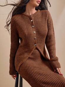 EURMUSE Conjunto de cardigan y falda de punto acanalado con botones delanteros de unicolor para mujer - Marrón - Ver 3