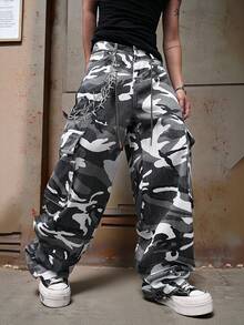 Manfinity ZONE917 男士休闲迷彩印花翻盖口袋宽松牛仔裤，秋季 - 彩色 - 查看 6