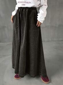 FRIFUL Damen modischer Leopard Muster Denim Rock lang