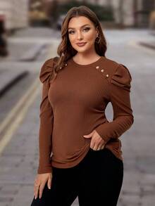 SHEIN Clasi 大码女士优雅罗纹羊腿袖T恤 - 棕色 - 查看 4