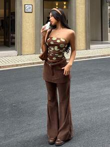 SHEIN EZwear Women's Solid Color Brown Double Layer Fitted Corduroy Flared Casual Pants,Street Wear,Fall/Winter Pants - Brown - View 2