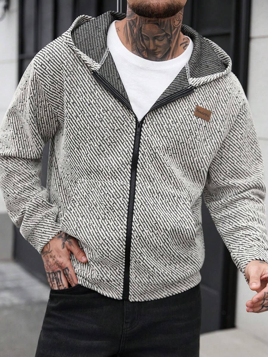 Manfinity Homme Men's Mature Casual Zip-Up Hooded Sweatshirt In Black & Beige Herringbone Streetwear Zip Up Grey Zip Up Hoodie, Long Sleeve Top - Multicolor - View 1