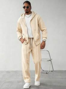 Manfinity Homme Bộ áo hoodie và quần dài nam màu trơn tối giản, bộ đồ thể thao nam màu kem, bộ đồ nam màu be, bộ đồ thể thao nam. - Màu be - Xem 1