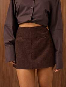 SHEIN BAE 女士纯色高腰短款直筒休闲裙 - 咖啡棕 - 查看 6