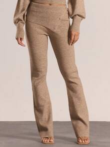 MUSERA Fold Over Button Waistband Mid Rise Flared Knit Trousers Only Autumn Winter Knitwear Casual Going Out Everyday Night Out Sexy Cute Cosy  Elegant Spring - Khaki - View 2