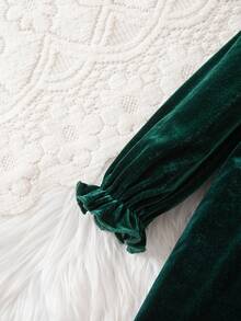 Elegant Velvet Green Ruffle Trim Long Sleeve Dress - Green - View 3