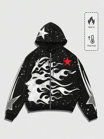 Street Life Men's Autumn/Winter Person & Pentagram Punk Print Fleece Lined Casual Zip-Up Hoodie Sweatshirt
