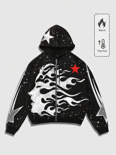 ROMWE MEN Street Life Sudadera con capucha casual con cremallera, forrada térmicamente, con estampado de persona y pentagrama punk para hombre en otoño/invierno
